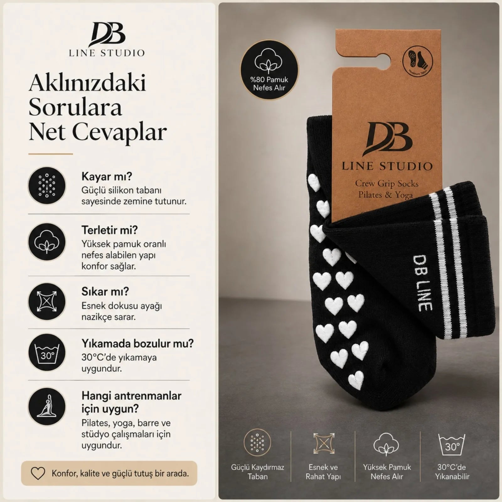 DB LINE Kaydırmaz Pilates Yoga Çorabı Pamuklu Silikon Tabanlı Barre Stüdyo Spor Çorabı
