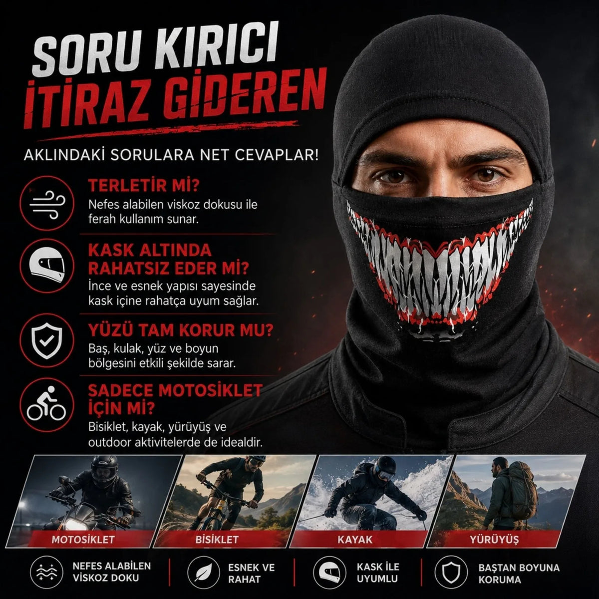 Unisex Tam Yüz Balaklava Diş Desenli Kışlık Maske Nefes Alan Esnek Kask Altı Boyunluk Yumuşak Viskoz