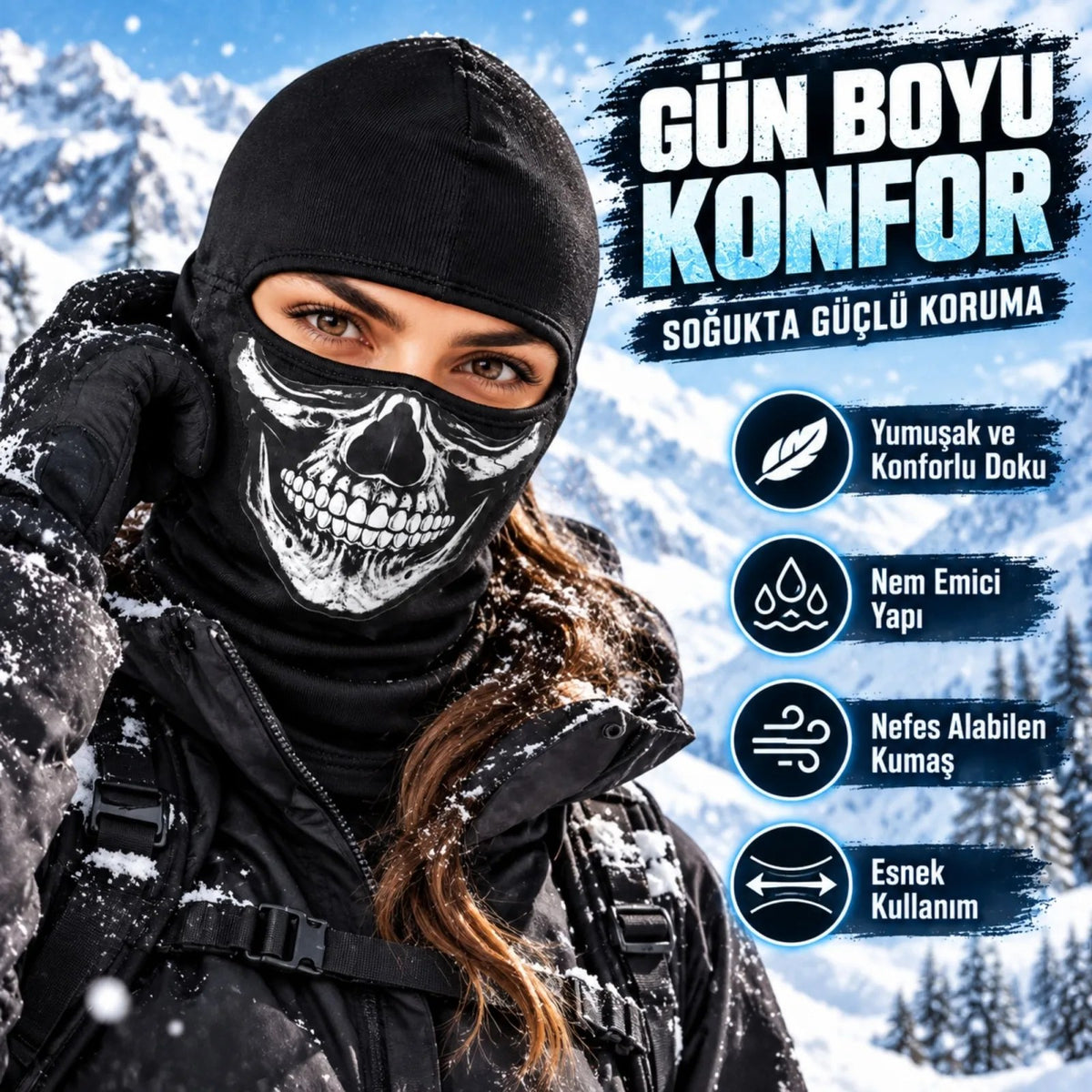 Unisex Kurukafa Desenli Balaklava Kışlık Tam Yüz Maske Nefes Alan Esnek Kask Altı Boyunluk Siyah Set