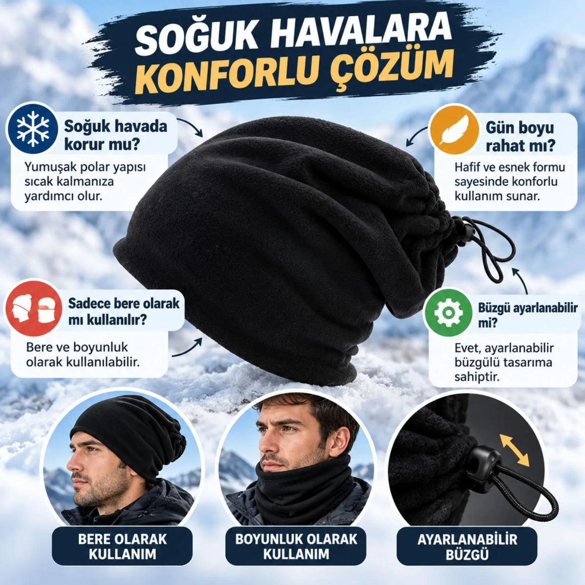 Unisex Polar Bere Boyunluk 2'si 1 Arada Ayarlanabilir Büzgülü Sıcak Tutan Kışlık Siyah Günlük Konfor
