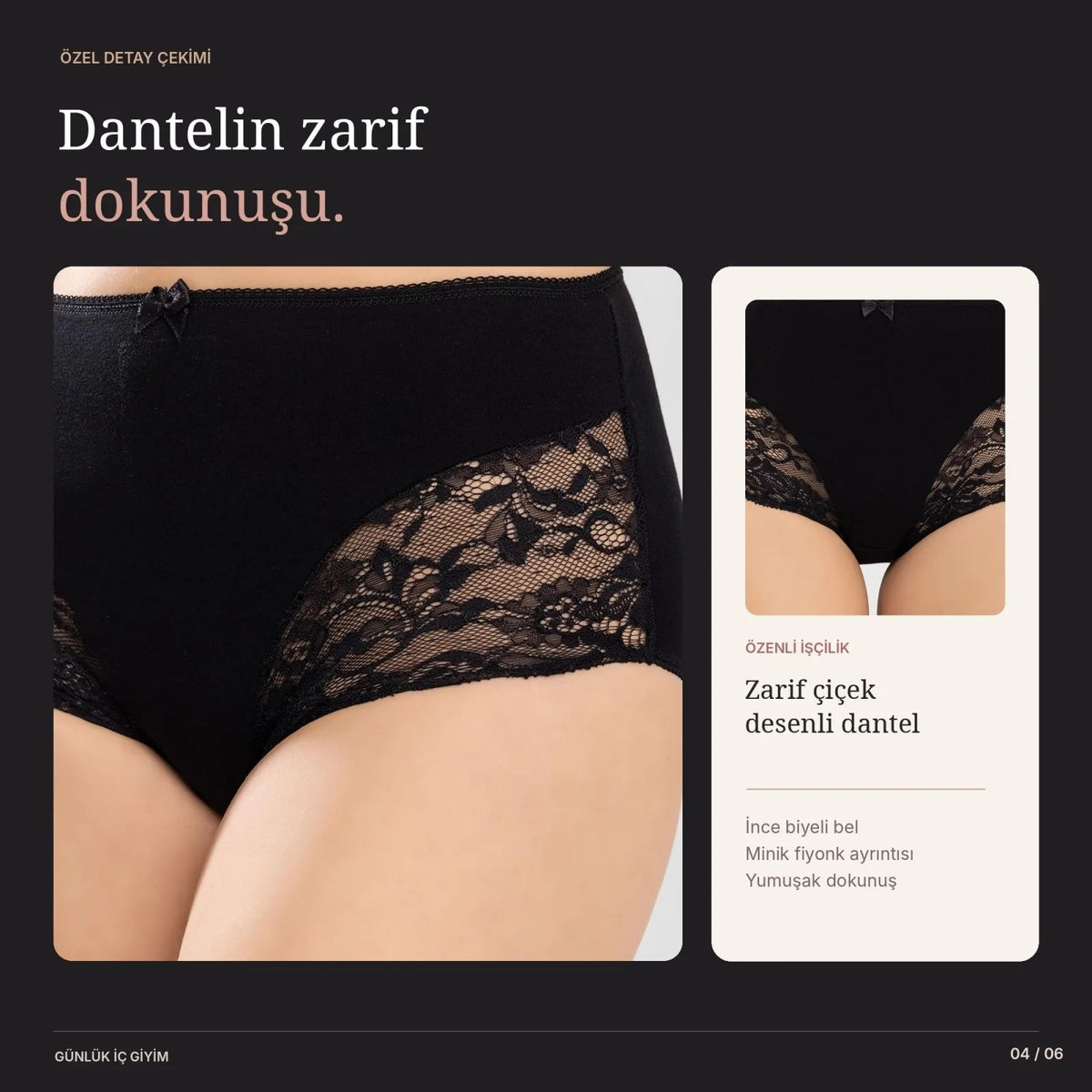 Kadın Pamuklu Yüksek Bel Güpürlü Bato Külot Siyah Ten | Yanları Dantelli Günlük ve Rahat İç Çamaşırı