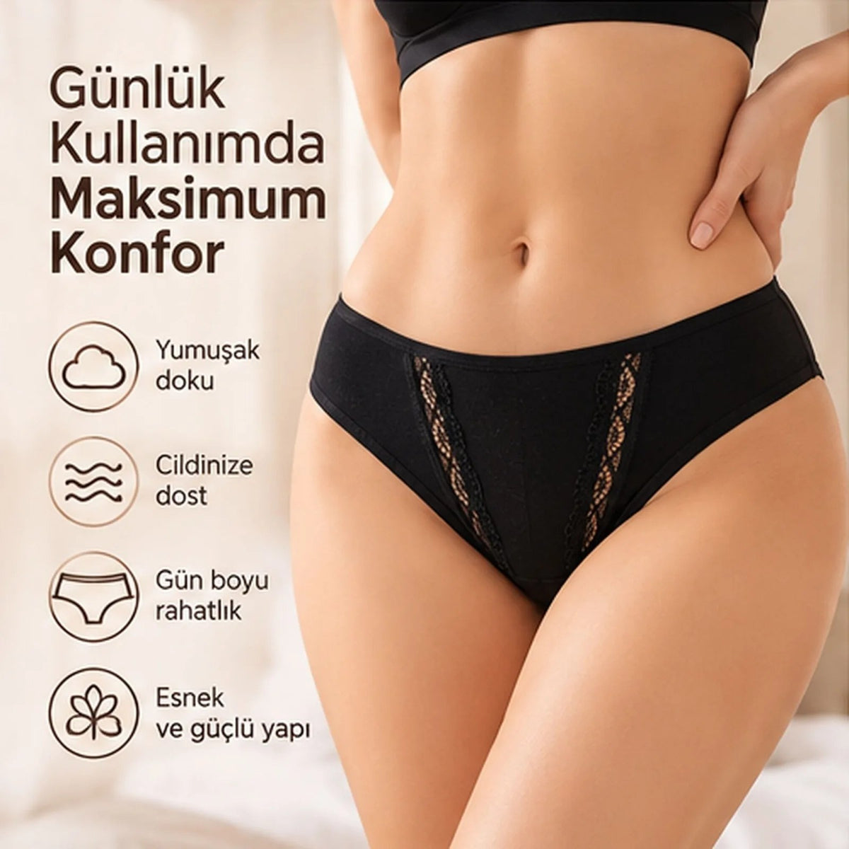 Kadın Pamuklu Zikzak İşlemeli Bikini Kesim Külot 3'lü Paket | Siyah Beyaz Dantel Detaylı İç Çamaşırı