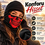 Unisex Kırmızı Kurukafa Desenli Balaklava Kar Maskesi | Siyah Tam Kafa Boyunluk Motorcu Yüz Maskesi!