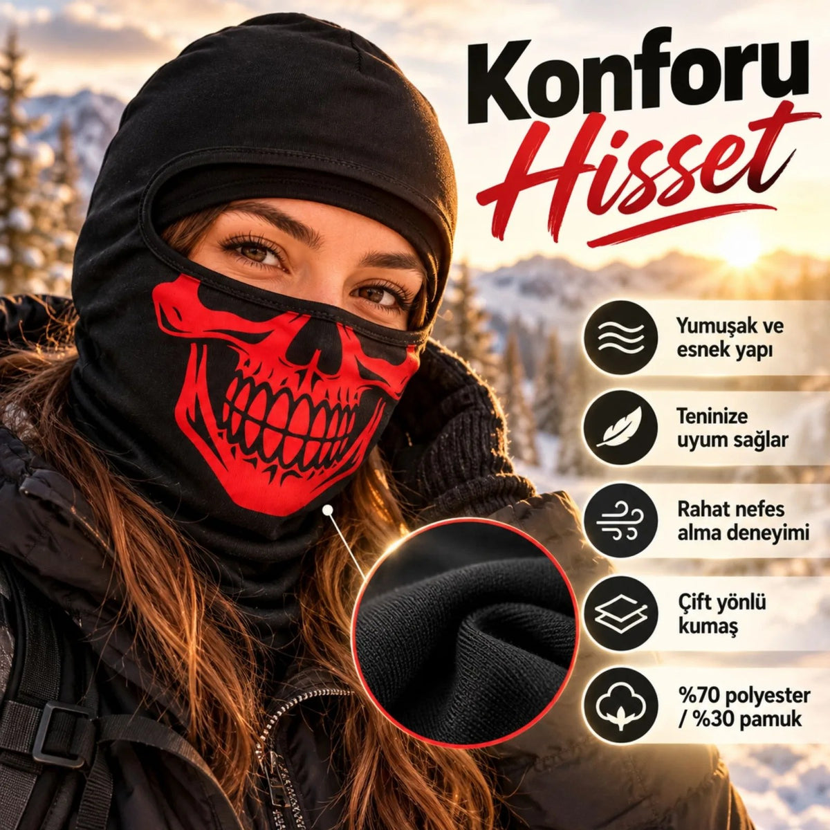 Unisex Kırmızı Kurukafa Desenli Balaklava Kar Maskesi | Siyah Tam Kafa Boyunluk Motorcu Yüz Maskesi!