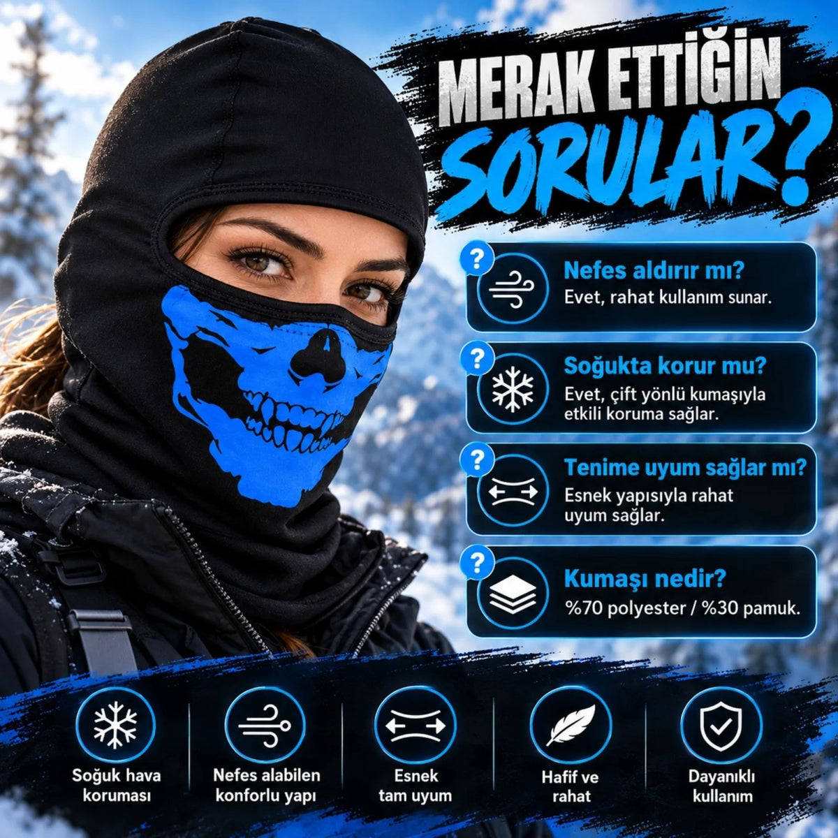 Unisex Mavi Kurukafa Desenli Balaklava Kar Maskesi | Siyah Tam Kafa Motorcu Boyunluk ve Yüz Maskesi!
