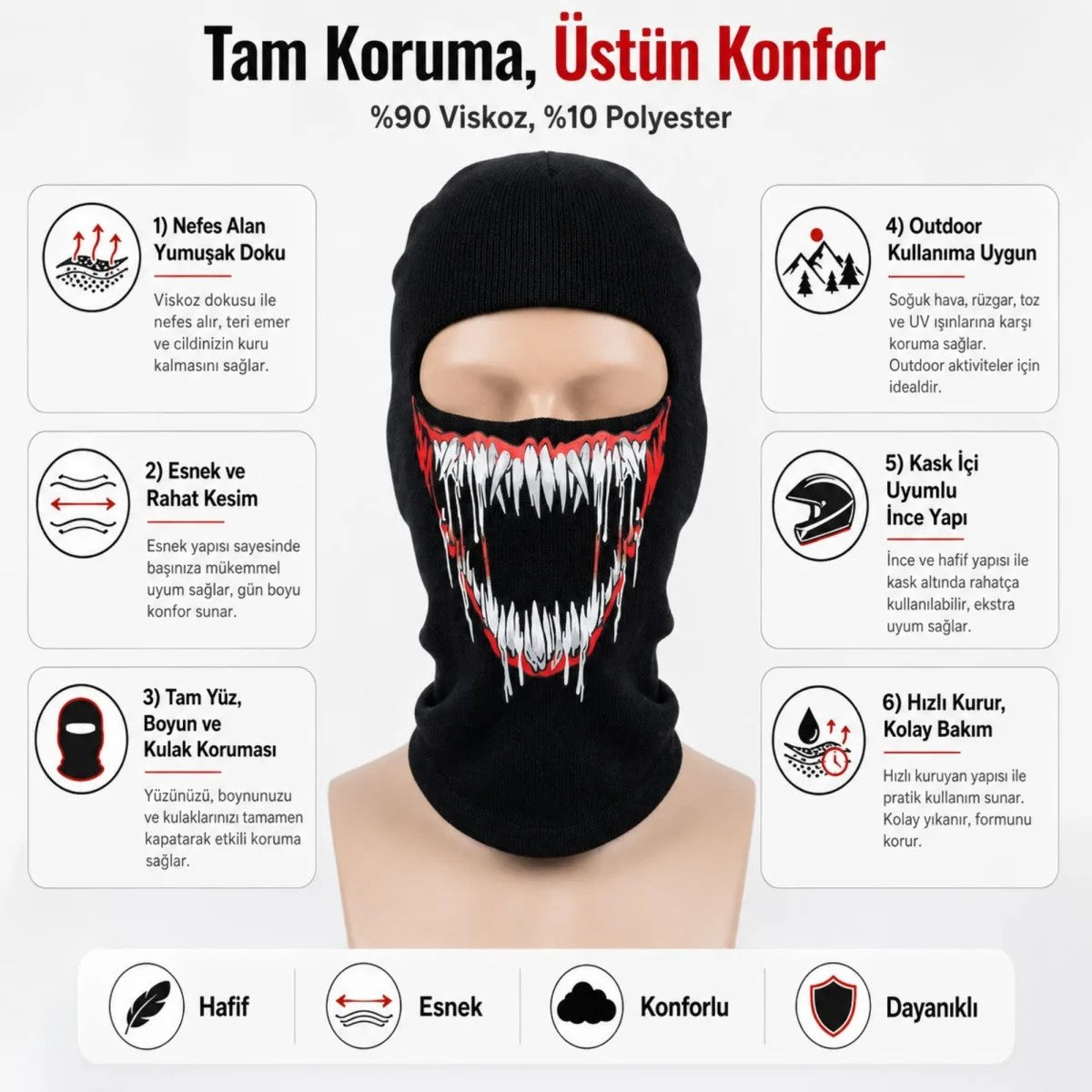 Unisex Canavar Diş Baskılı Balaklava 1 Adet Tek Beden Viskoz Kask İçi Motosiklet Maskesi