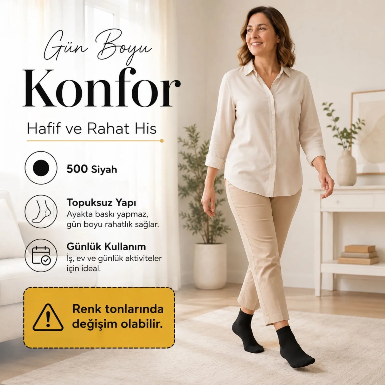 Kadın Pantolon Çorabı 6 Çift Siyah ve Ten İnce Topuksuz Günlük Rahat Bilek Çorabı