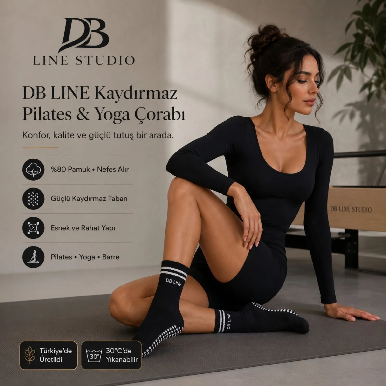 DB LINE Kaydırmaz Pilates Yoga Çorabı Pamuklu Silikon Tabanlı Barre Stüdyo Spor Çorabı