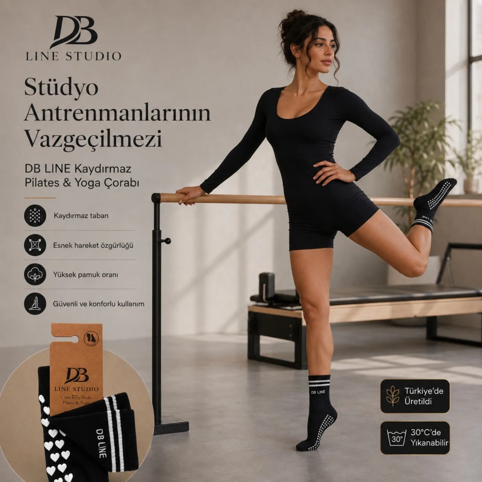 DB LINE Kaydırmaz 8'li Pilates Yoga Çorabı Pamuklu Silikon Tabanlı Barre Stüdyo Spor Çorabı