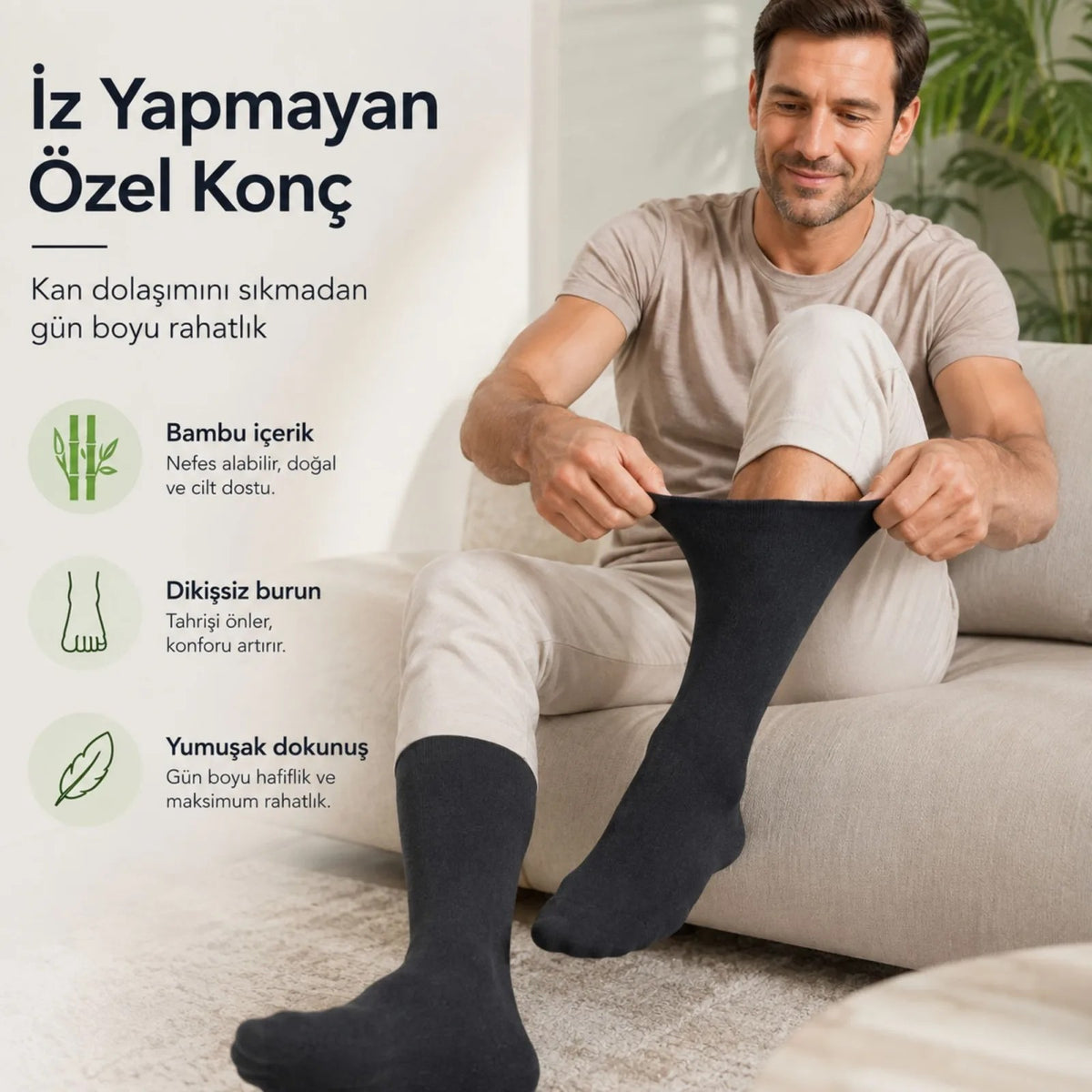 Bambu Diyabet Çorabı 3'lü Lastiksiz Dikişsiz Burun Siyah Uzun Konç Hassas Ayaklar İçin