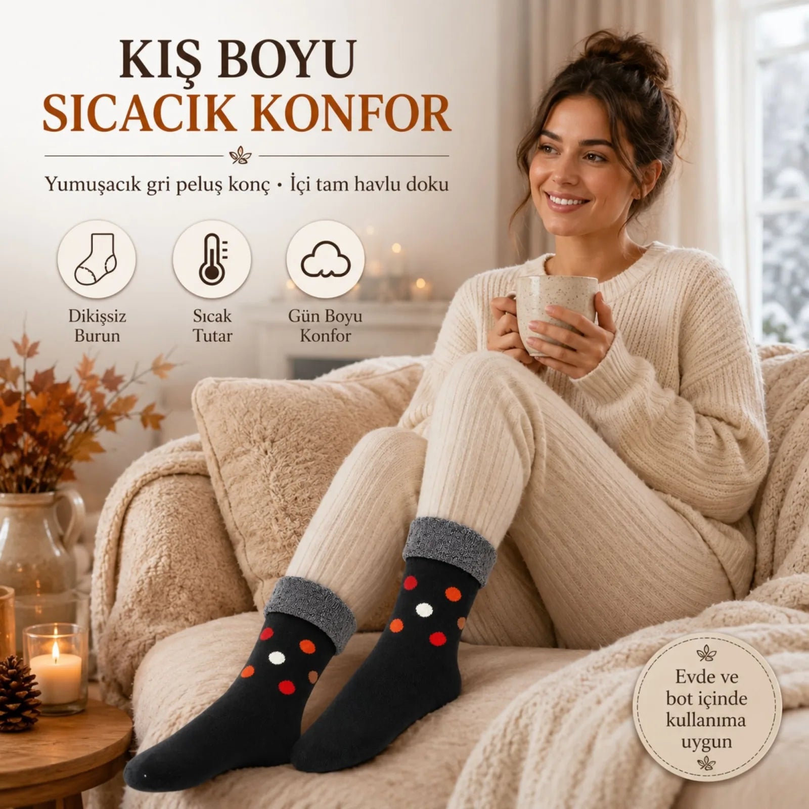 12’li Kadın Kışlık Havlu Çorap Sıcak Tutan Karışık Desenli Ekonomik Çoklu Çorap Seti