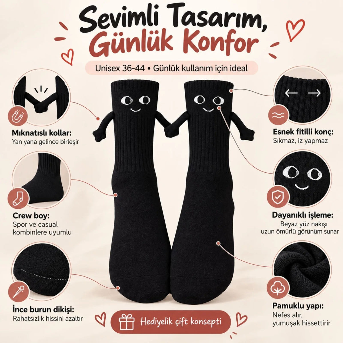 El Ele Tutuşan Mıknatıslı Sevimli Çorap 36-44 - Çift Hediyesi, Pamuklu Renkli Crew Model