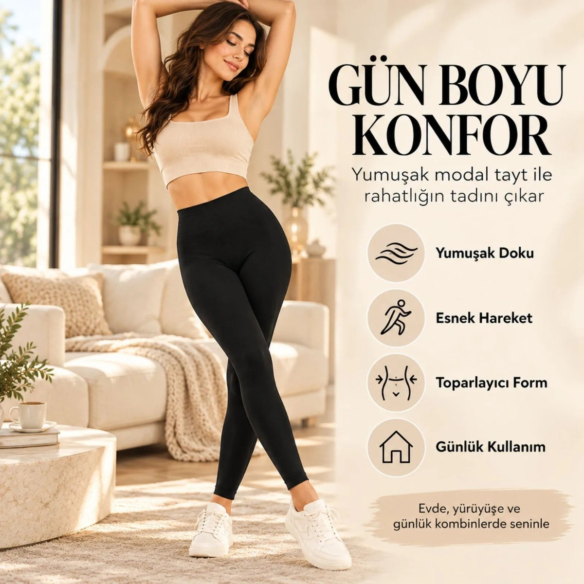 Kadın Toparlayıcı Siyah Modal Tayt Yüksek Bel Esnek Rahat Günlük Spor Vücut Şekillendirici Tayt Slim