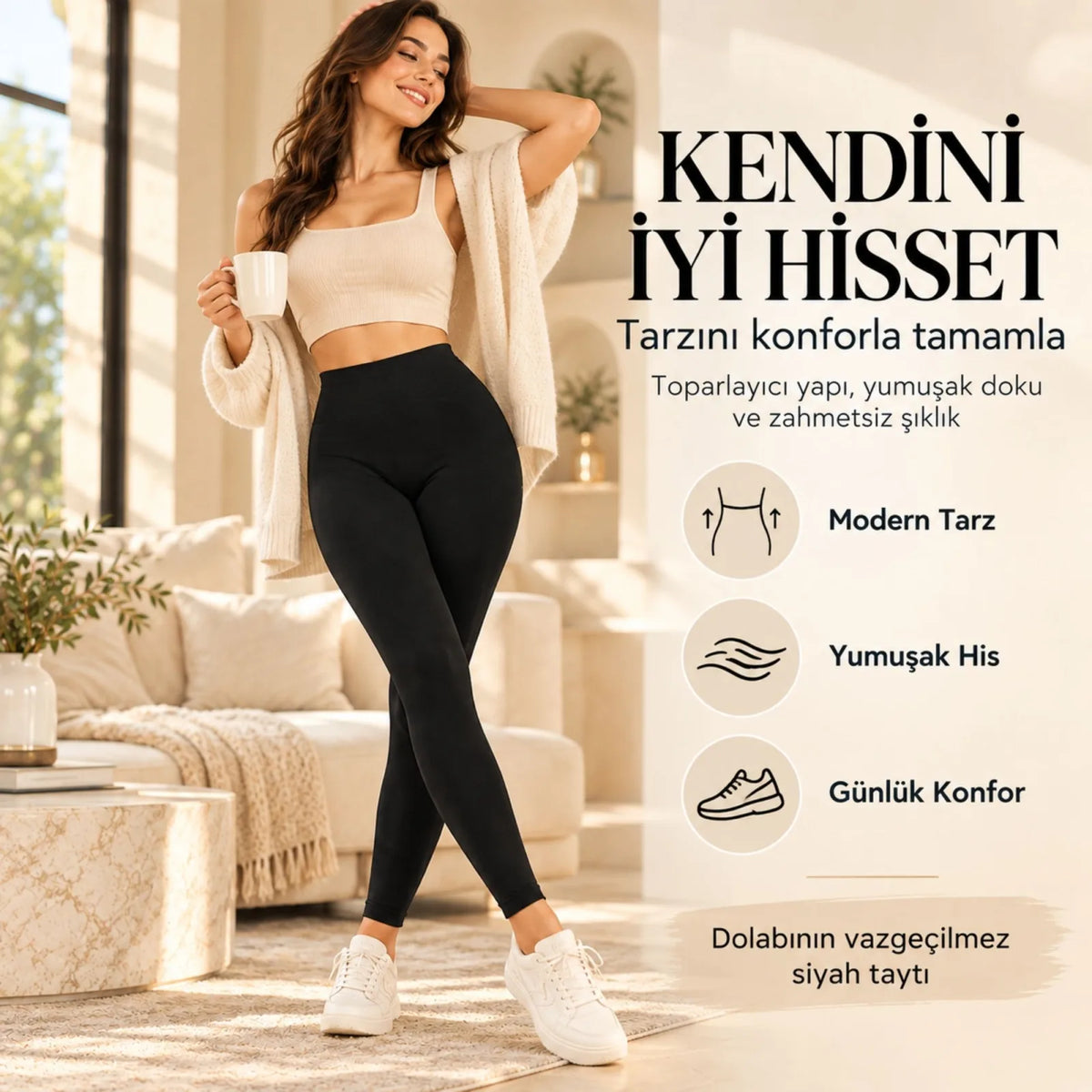 Kadın Toparlayıcı Siyah Modal 3'lü Tayt Yüksek Bel Esnek Rahat Günlük Spor Vücut Şekillendirici Tayt
