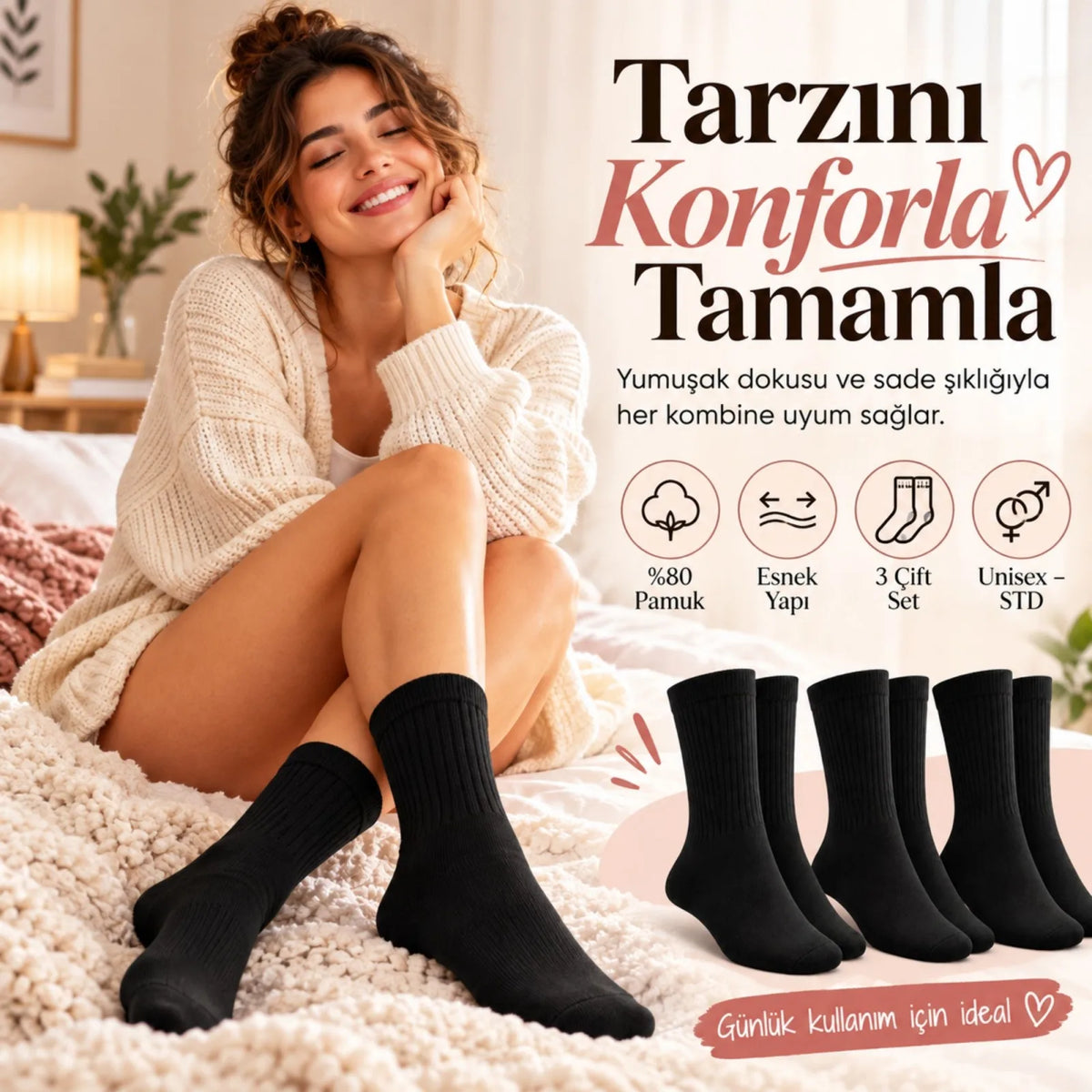 Unisex Siyah Soket Çorap 12'li Set Düz Basic Ribanalı Günlük Spor Esnek Rahat Uzun Çorap Konforlu Set
