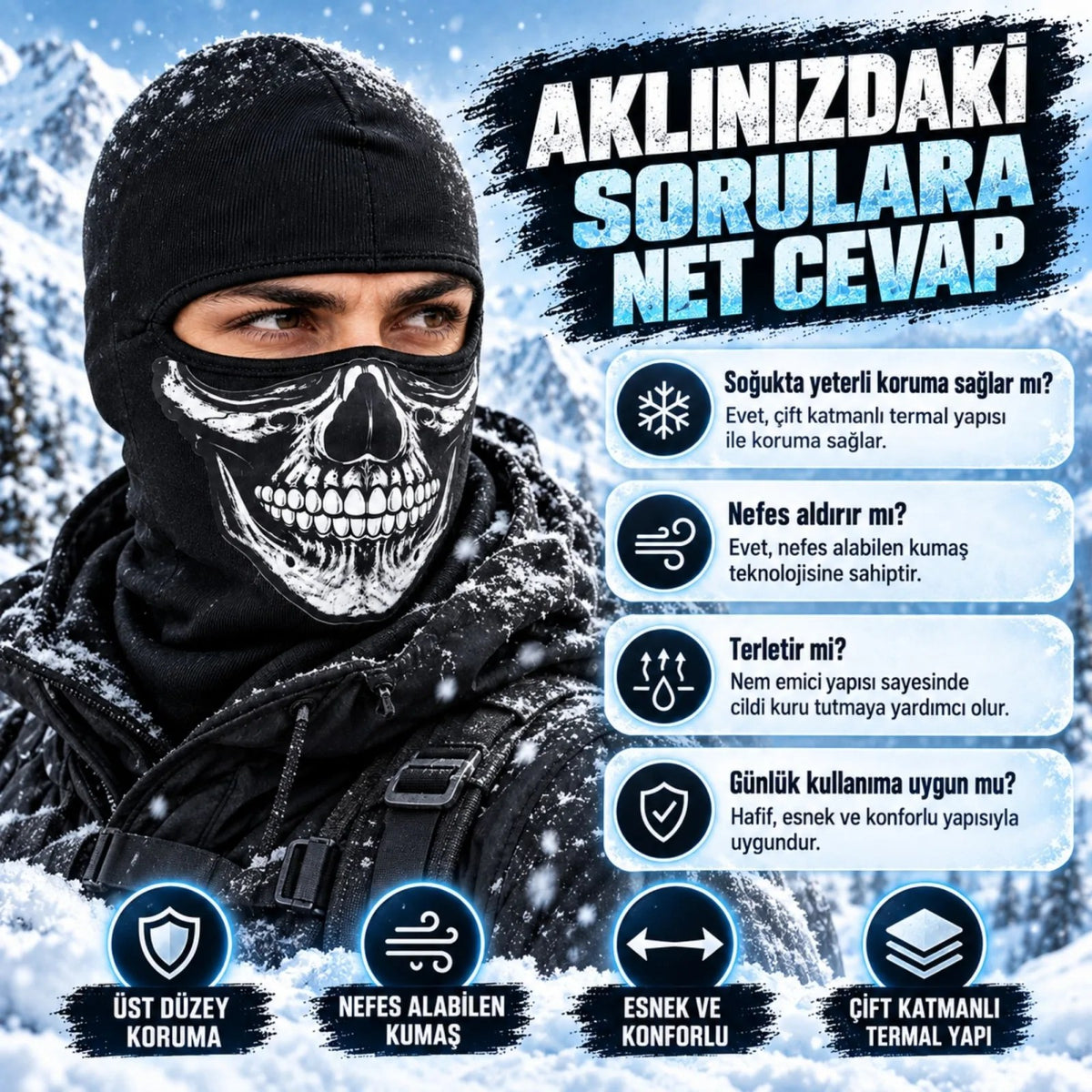 Unisex Kurukafa Desenli Balaklava Kışlık Tam Yüz Maske Nefes Alan Esnek Kask Altı Boyunluk Siyah Set