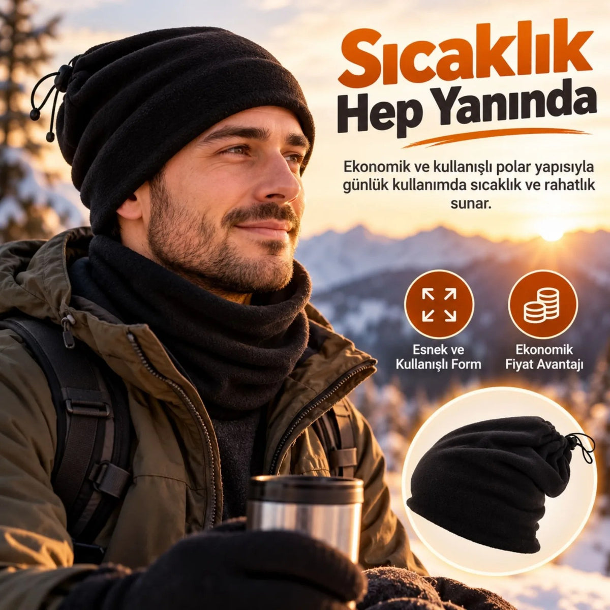Unisex Polar Bere Boyunluk 2 Adet Seti 2'si 1 Arada Büzgülü Sıcak Tutan Kışlık Siyah Günlük Konforlu
