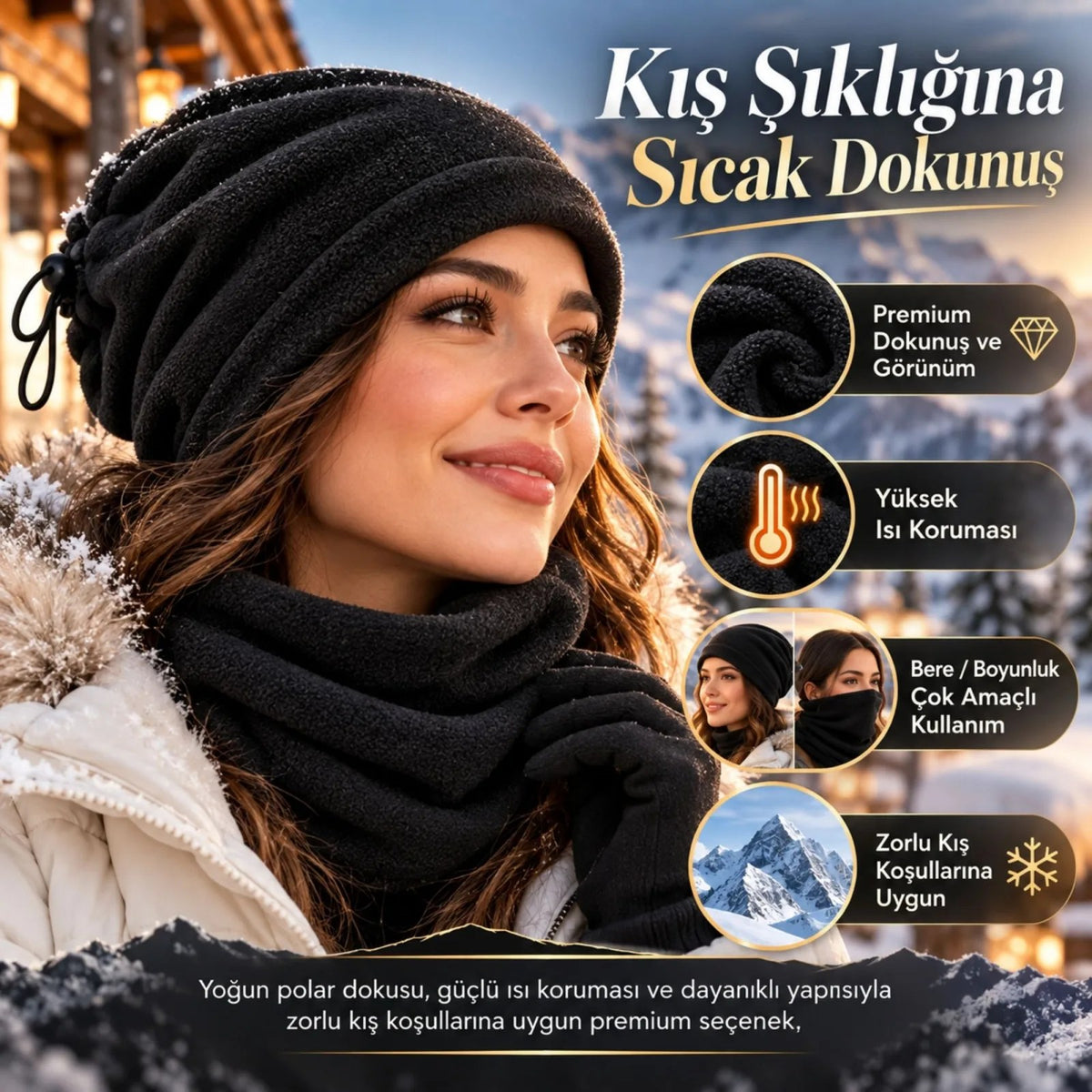 Unisex Premium Polar Bere Boyunluk 2'si 1 Arada Sıcak Tutan Rüzgar Korumalı Outdoor Kışlık Siyah Şık