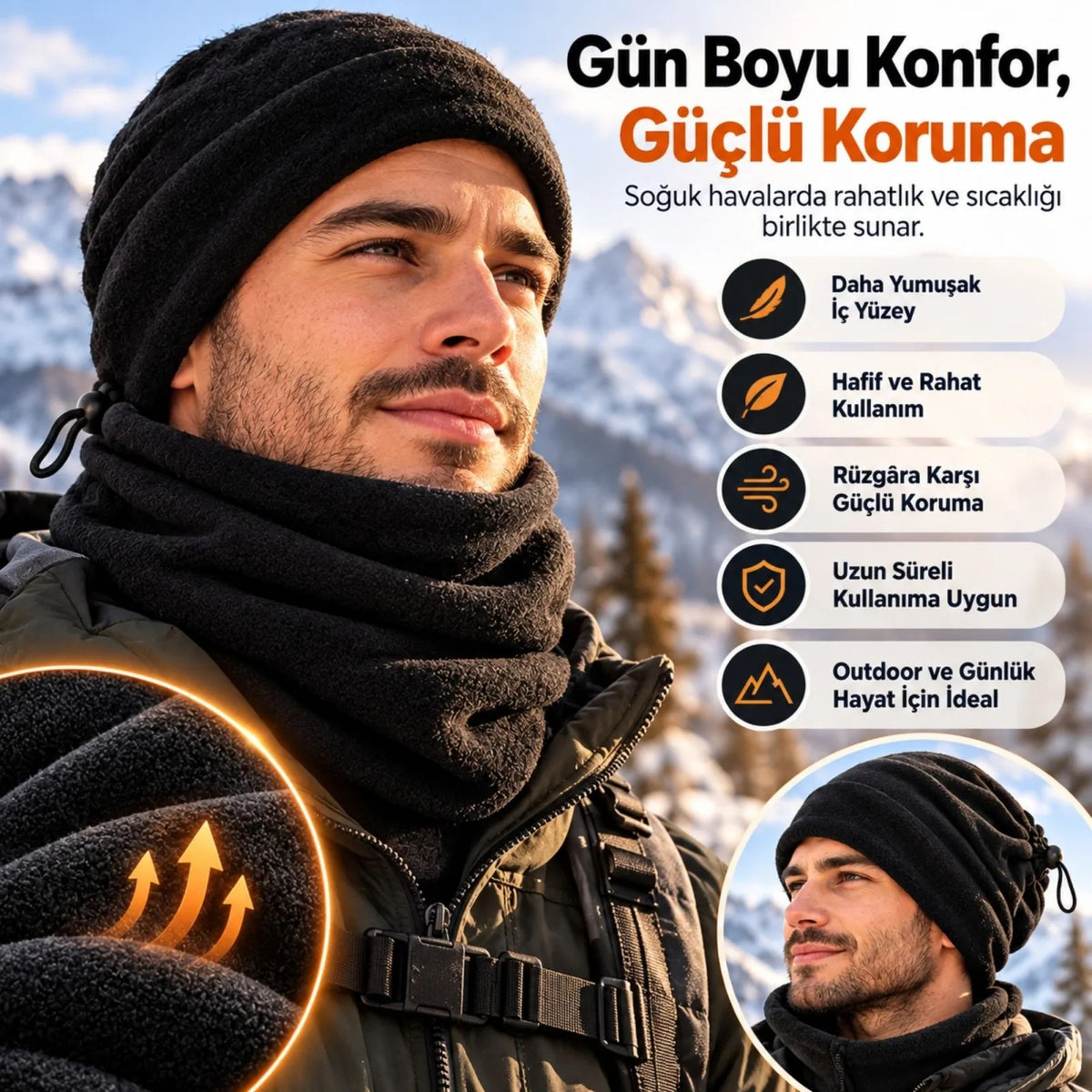 Unisex Premium Polar Bere Boyunluk 2 Adet Set 2'si 1 Arada Sıcak Tutan Rüzgar Korumalı Outdoor Siyah