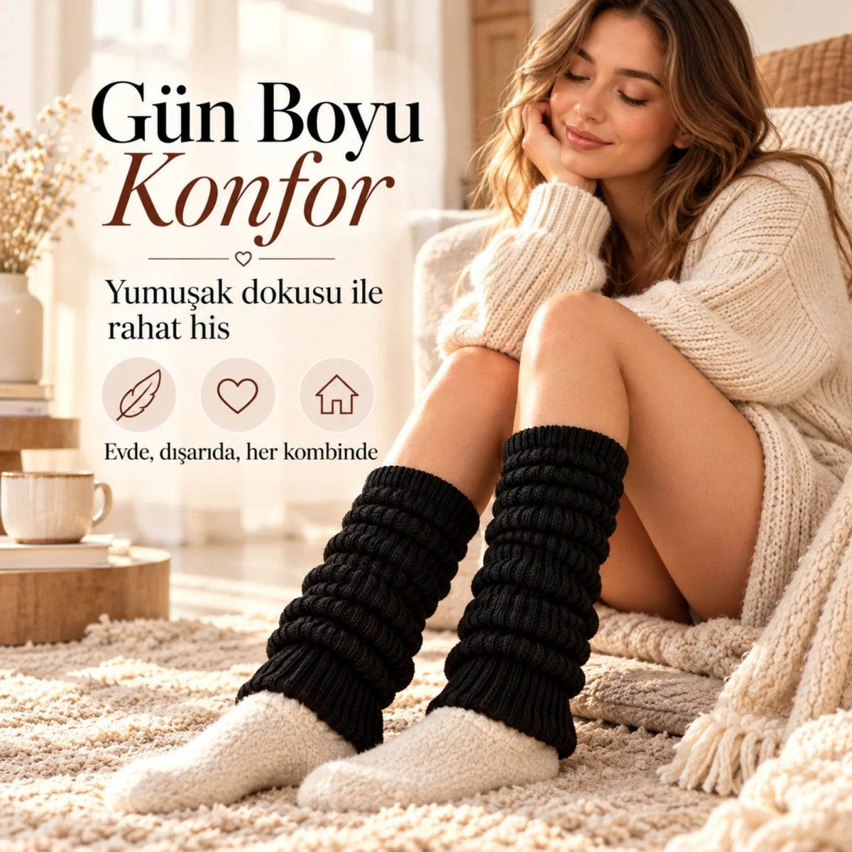 Kadın Siyah Fitilli Örgü Tozluk %97 Pamuk %3 Polyester | Şık Büzgülü Uzun Bacak Isıtıcı Kışlık Model