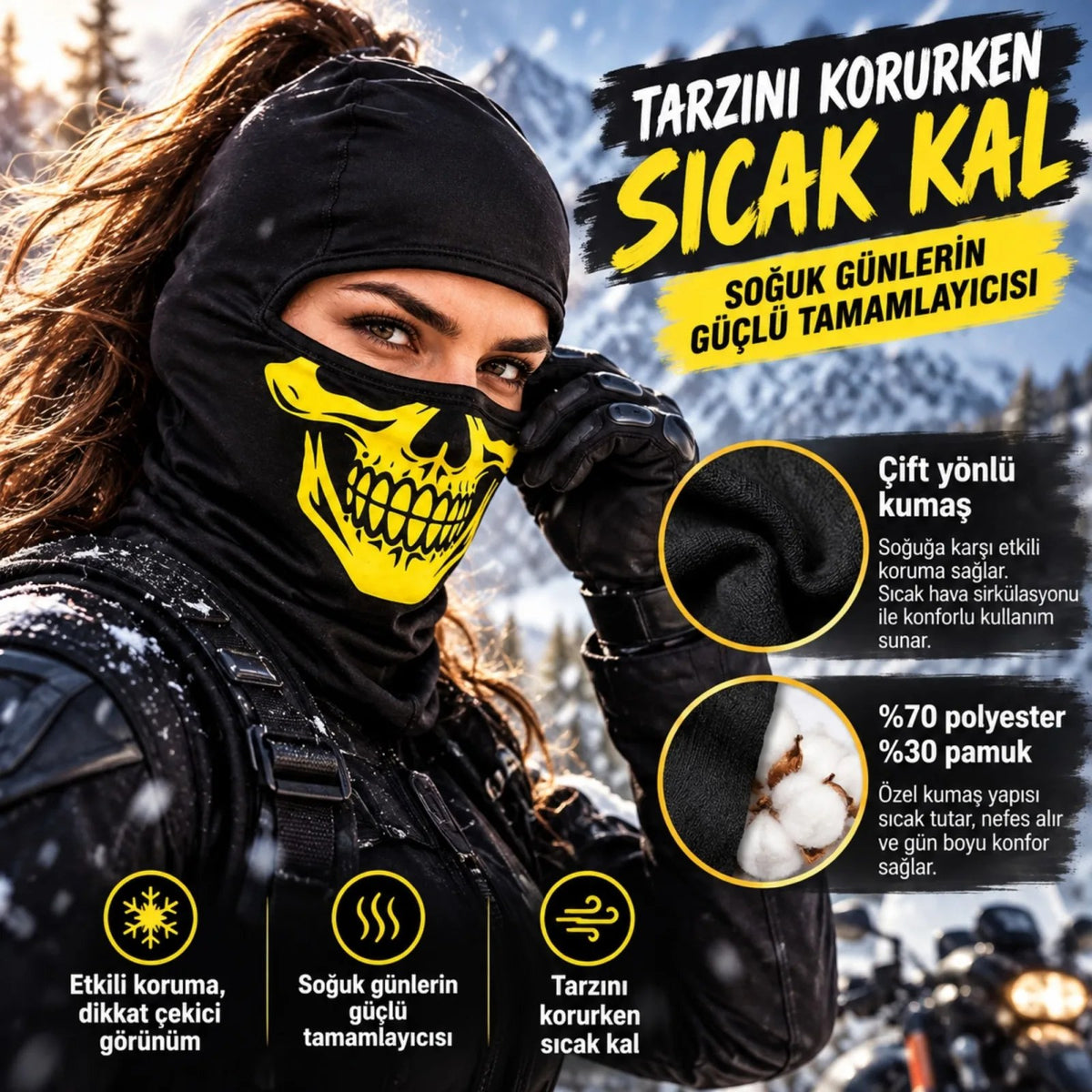 Unisex Sarı Kurukafa Desenli Balaklava Kar Maskesi | Siyah Tam Yüz Boyunluk Motosiklet Outdoor Maske
