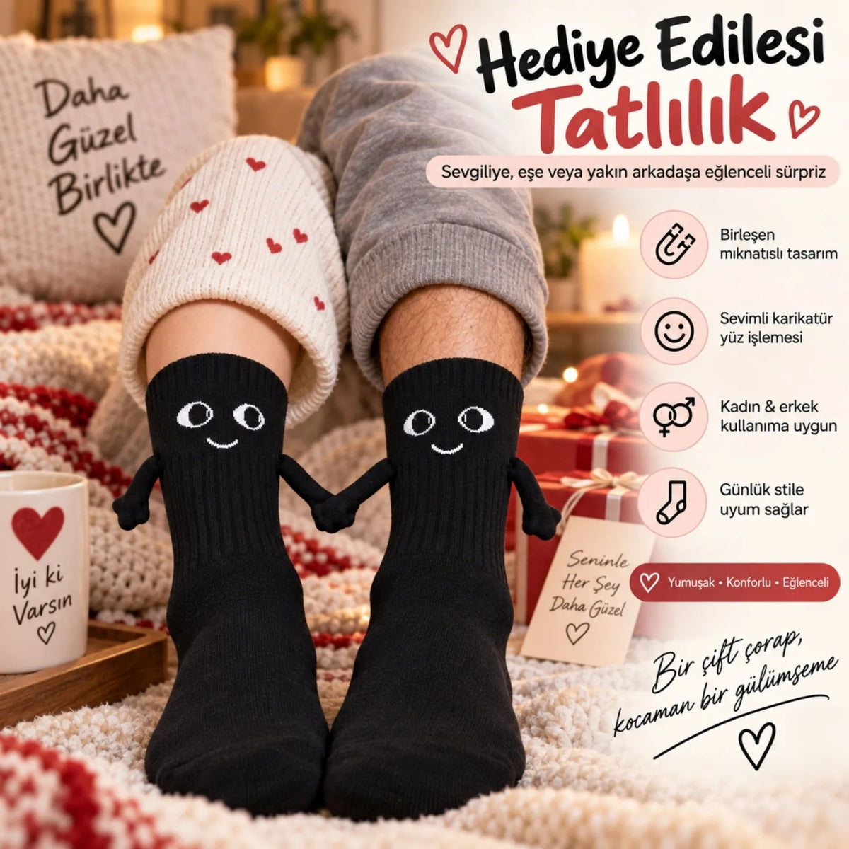 El Ele Tutuşan Mıknatıslı Sevimli Çorap 36-44 - Çift Hediyesi, Pamuklu Renkli Crew Model