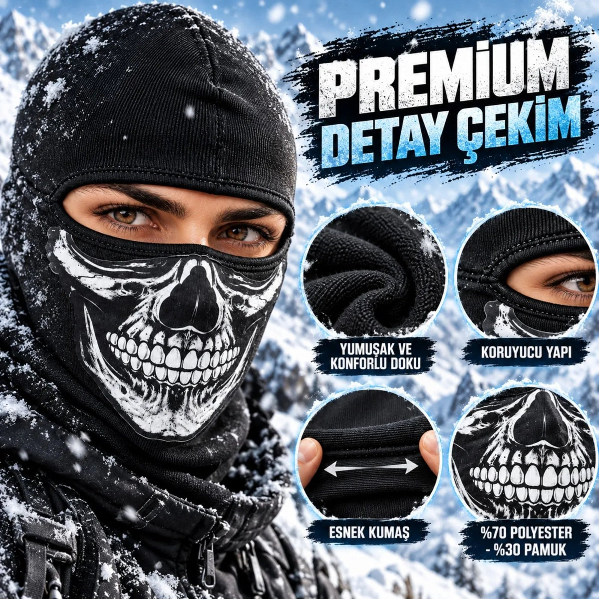 Unisex Kurukafa Desenli Balaklava Kışlık Tam Yüz Maske Nefes Alan Esnek Kask Altı Boyunluk Siyah Set