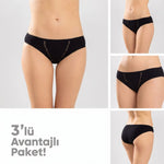 Kadın Pamuklu Zikzak İşlemeli Bikini Kesim Külot 3'lü Paket | Siyah Beyaz Dantel Detaylı İç Çamaşırı