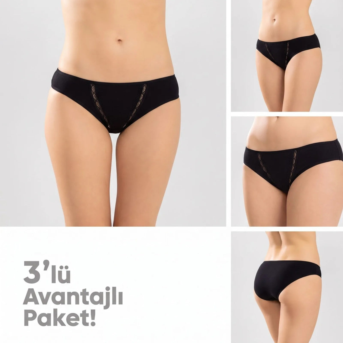 Kadın Pamuklu Zikzak İşlemeli Bikini Kesim Külot 3'lü Paket | Siyah Beyaz Dantel Detaylı İç Çamaşırı