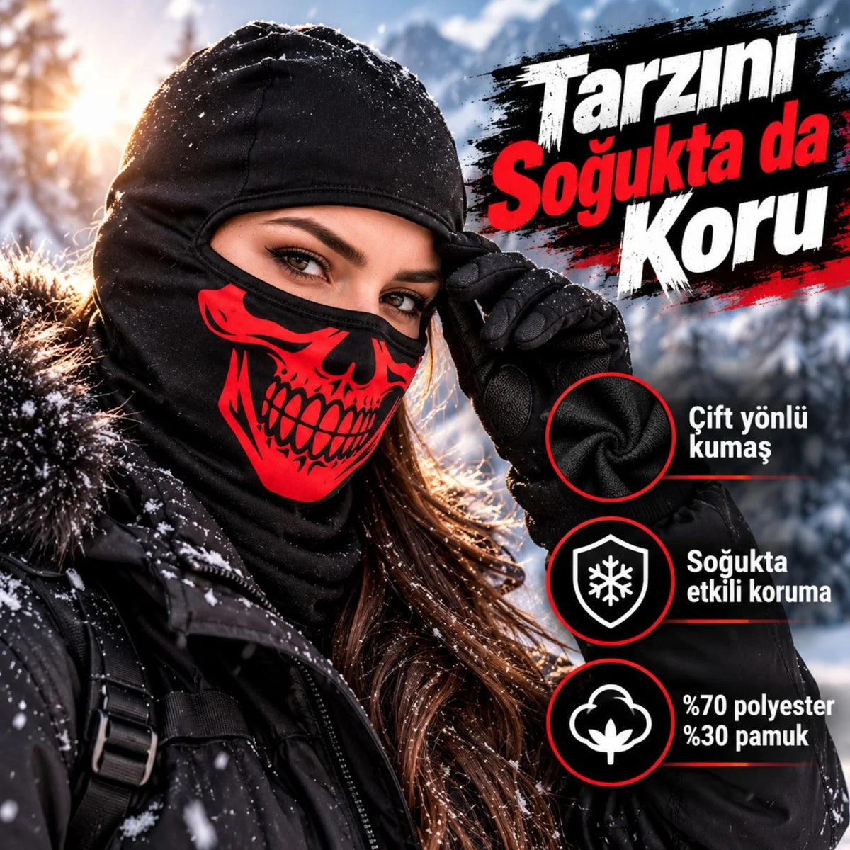 Unisex Kırmızı Kurukafa Desenli Balaklava Kar Maskesi | Siyah Tam Kafa Boyunluk Motorcu Yüz Maskesi!