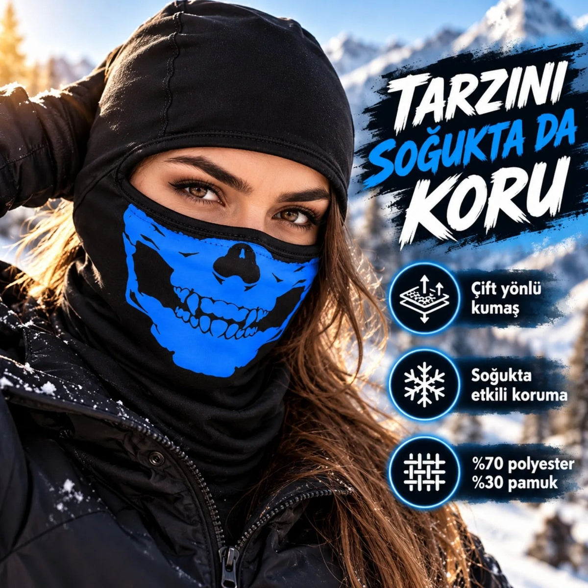 Unisex Mavi Kurukafa Desenli Balaklava Kar Maskesi | Siyah Tam Kafa Motorcu Boyunluk ve Yüz Maskesi!