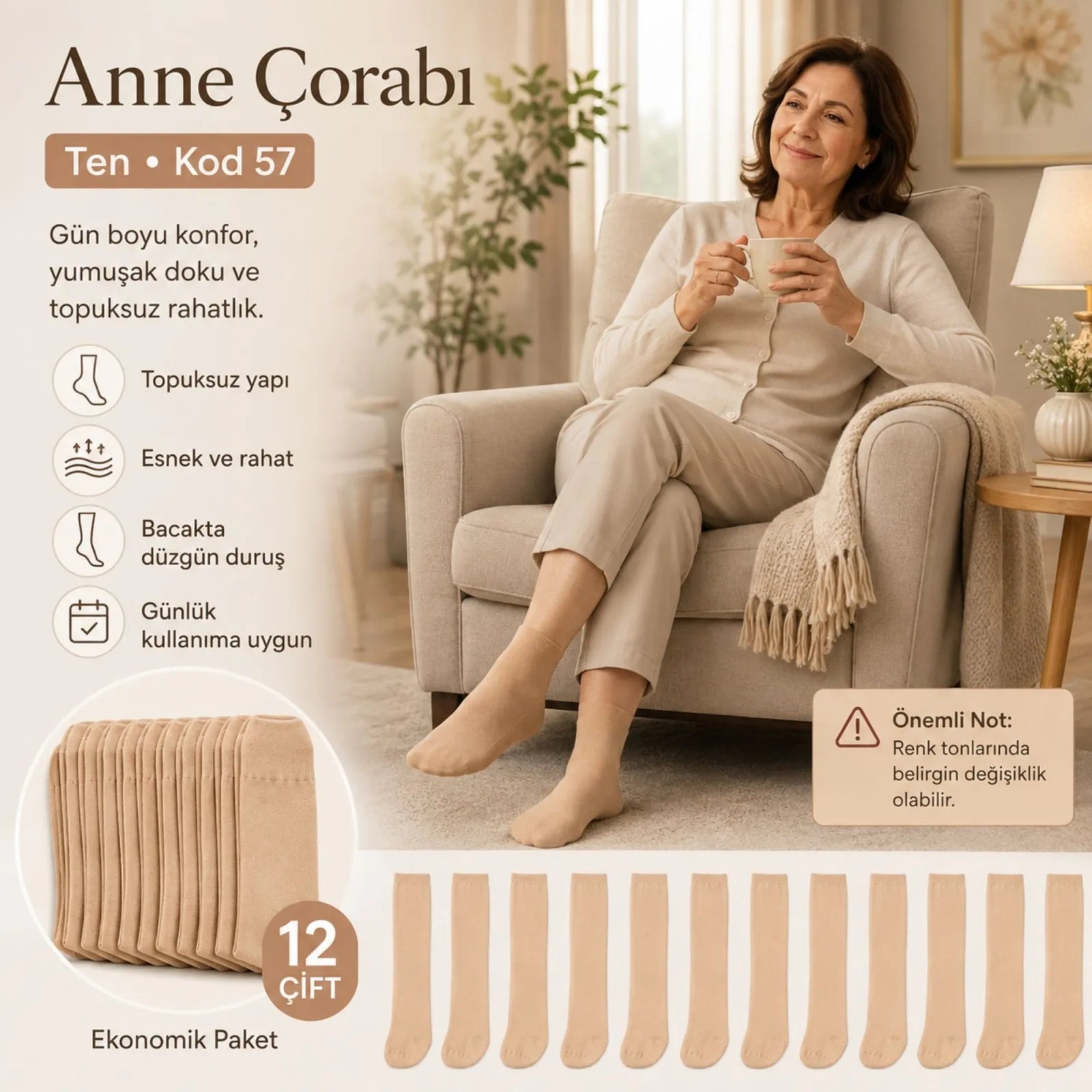 Kadın 40 Denye 12'li İnce Anne Çorabı Dizaltı Topuksuz Esnek Günlük Kullanım Çorabı Ten Siyah Bronz Vizon
