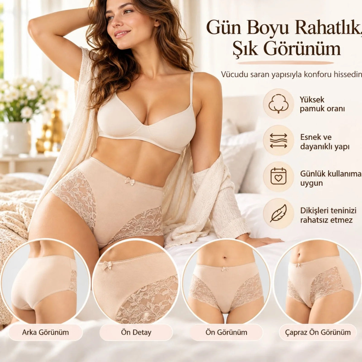 Kadın Pamuklu Yüksek Bel Güpürlü Bato Külot Siyah Ten | Yanları Dantelli Günlük ve Rahat İç Çamaşırı