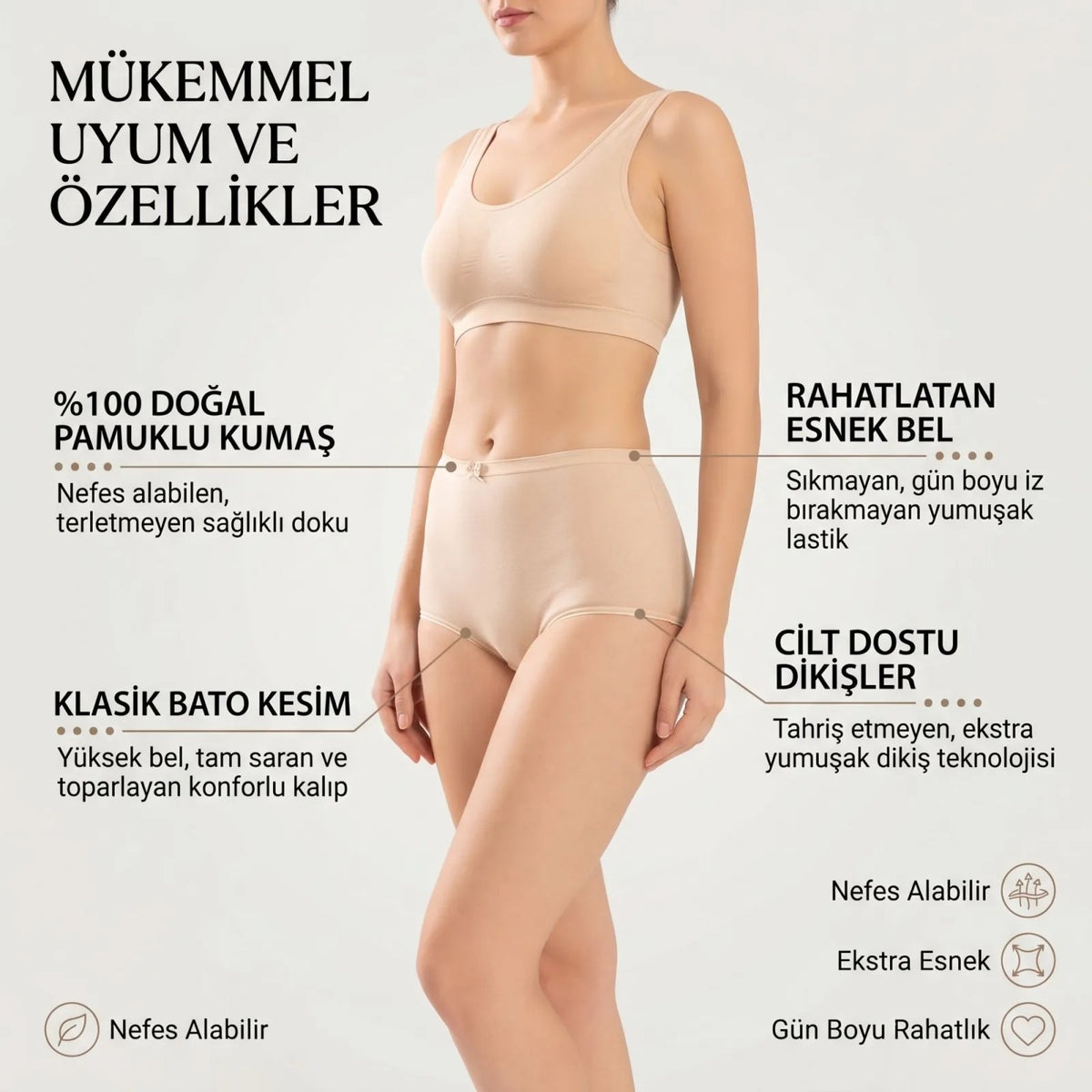 Kadın Pamuklu Düz Bato Külot 3'lü Paket Siyah Beyaz Ten | Normal Bel Klasik Kesim Günlük İç Çamaşırı