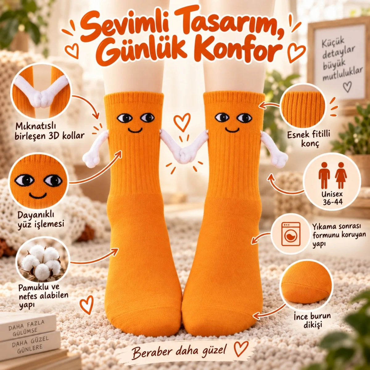 El Ele Tutuşan Mıknatıslı Sevimli Çorap 36-44 - Çift Hediyesi, Pamuklu Renkli Crew Model