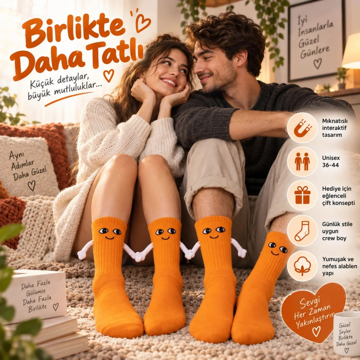 El Ele Tutuşan Mıknatıslı Sevimli Çorap 36-44 - Çift Hediyesi, Pamuklu Renkli Crew Model