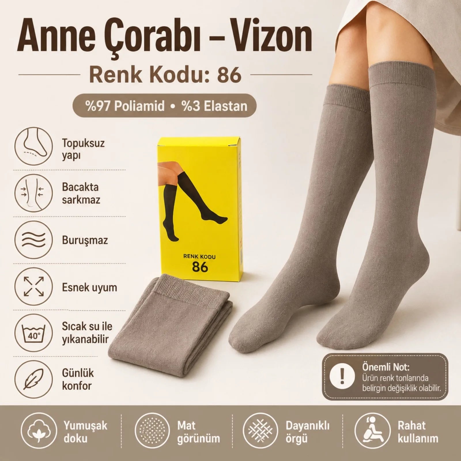 Kadın 40 Denye 12'li İnce Anne Çorabı Dizaltı Topuksuz Esnek Günlük Kullanım Çorabı Ten Siyah Bronz Vizon