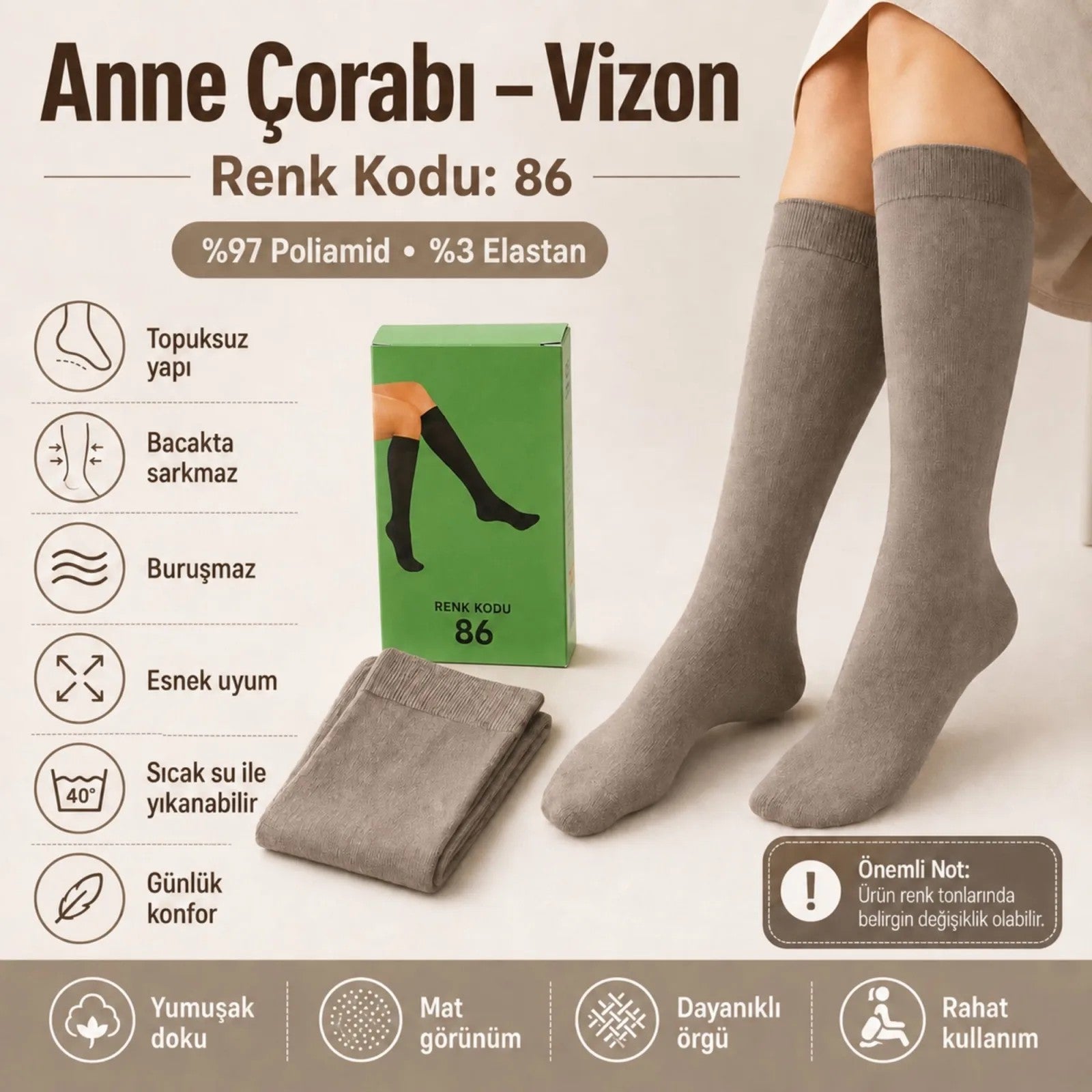 Kadın 70 Denye 12'li Kalın Anne Çorabı Dizaltı Topuksuz Esnek Günlük Kullanım Çorabı Ten Siyah Bronz Vizon