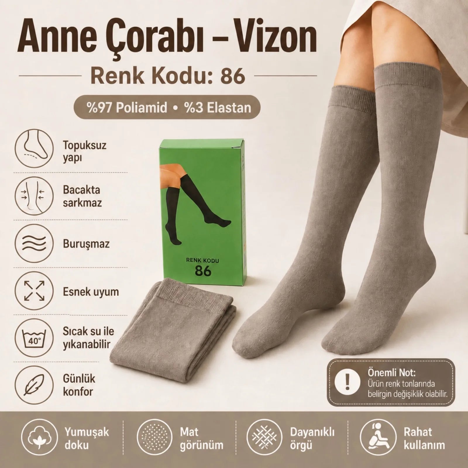 Kadın 70 Denye 6'lı Kalın Anne Çorabı Dizaltı Topuksuz Esnek Günlük Kullanım Çorabı Ten Siyah Bronz Vizon