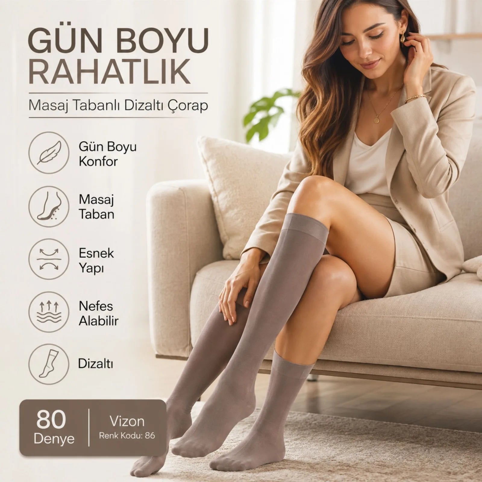 Kadın 6’lı Anne Masaj Tabanlı Dizaltı Çorap 80 Denye Esnek Rahat Günlük Kullanım
