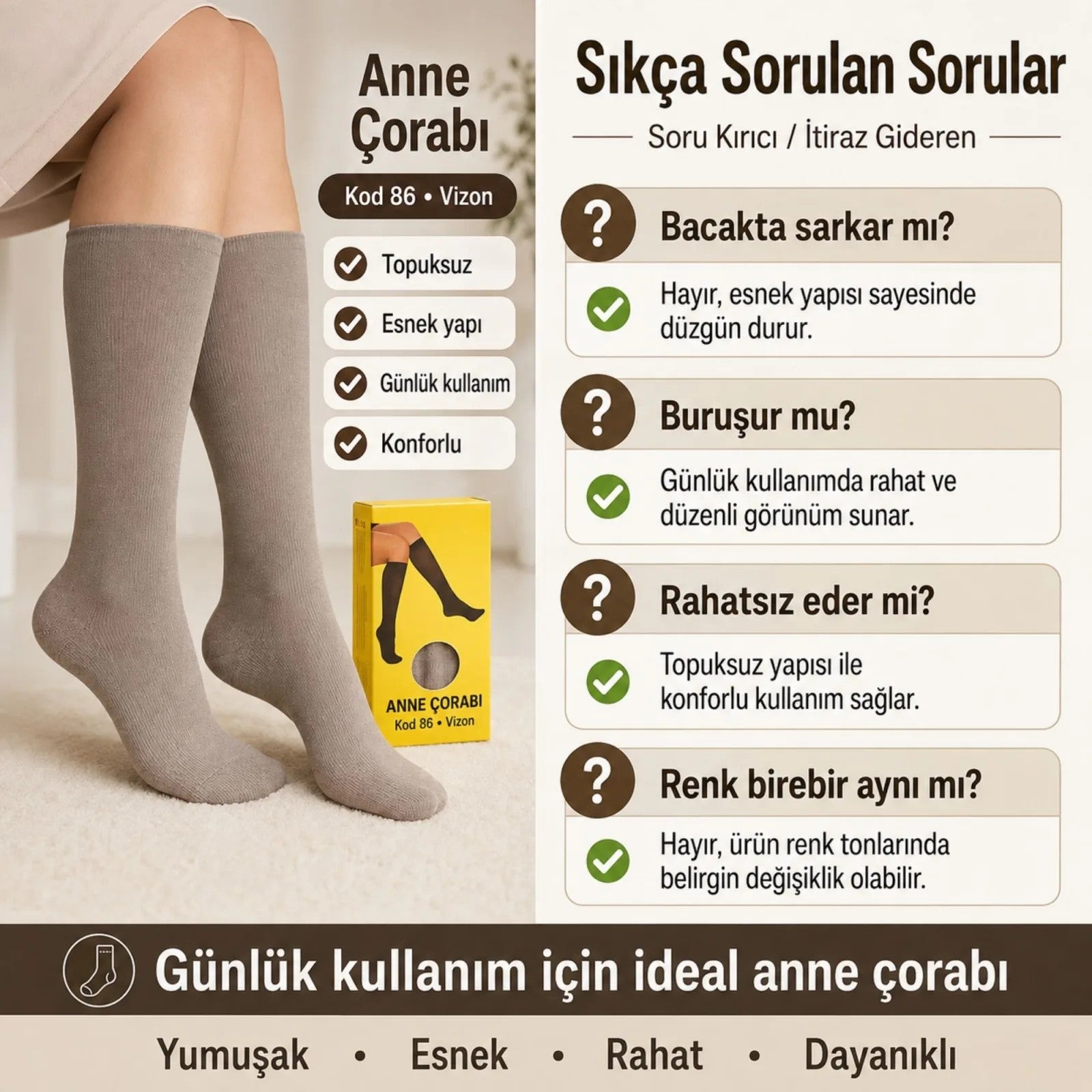 Kadın 40 Denye 6'lı İnce Anne Çorabı Dizaltı Topuksuz Esnek Günlük Kullanım Çorabı Ten Siyah Bronz Vizon