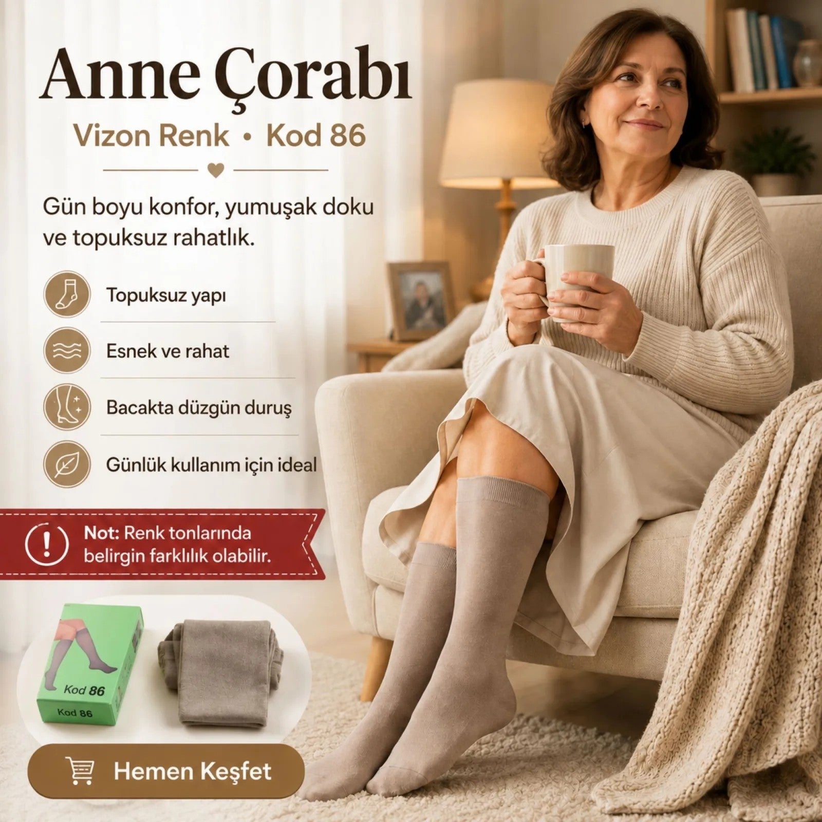 Kadın 70 Denye 6'lı Kalın Anne Çorabı Dizaltı Topuksuz Esnek Günlük Kullanım Çorabı Ten Siyah Bronz Vizon