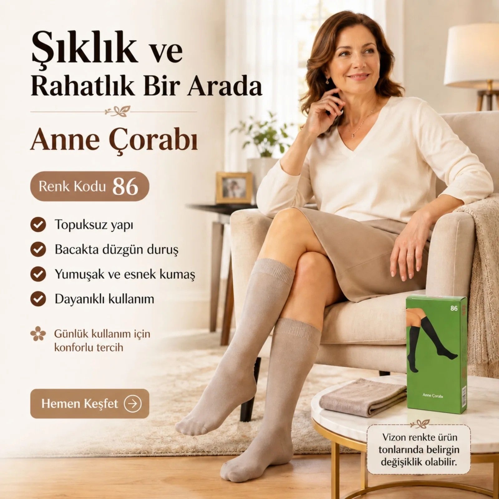 Kadın 70 Denye 12'li Kalın Anne Çorabı Dizaltı Topuksuz Esnek Günlük Kullanım Çorabı Ten Siyah Bronz Vizon
