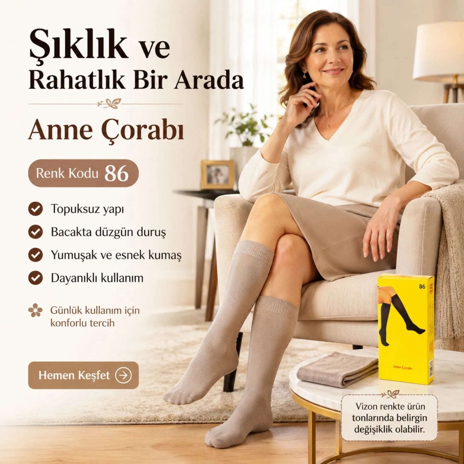 Kadın 40 Denye 12'li İnce Anne Çorabı Dizaltı Topuksuz Esnek Günlük Kullanım Çorabı Ten Siyah Bronz Vizon