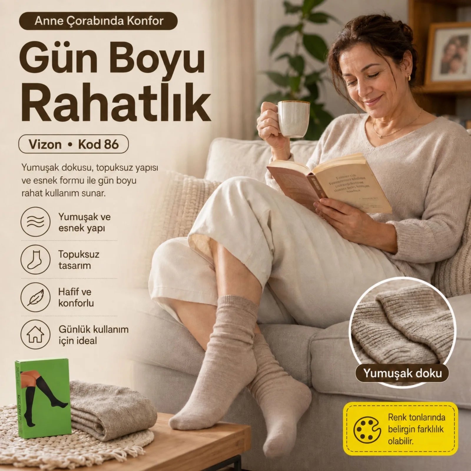 Kadın 70 Denye 12'li Kalın Anne Çorabı Dizaltı Topuksuz Esnek Günlük Kullanım Çorabı Ten Siyah Bronz Vizon