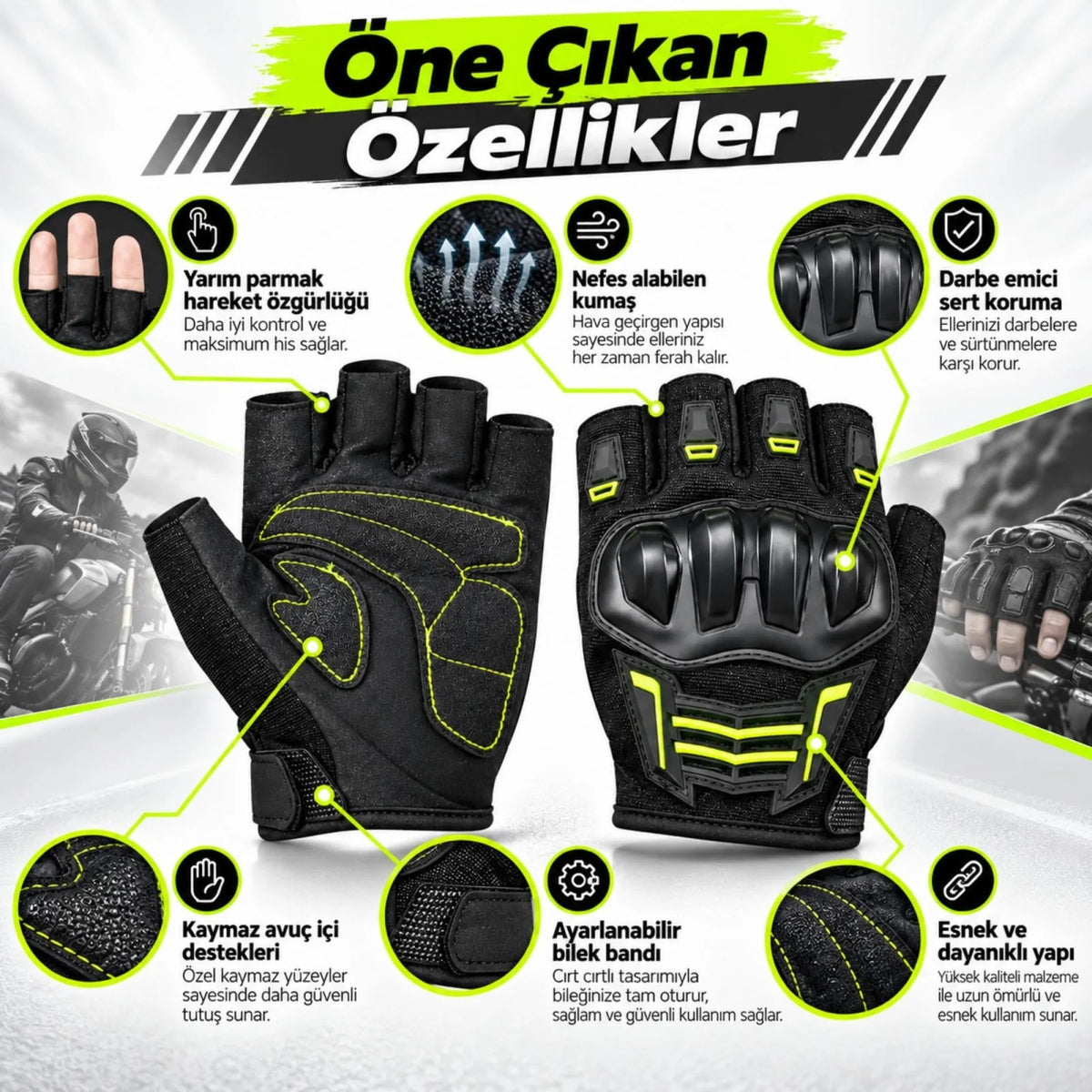 Unisex Yarım Parmak Motosiklet Eldiveni | 3D Knuckle Panelli Kaydırmaz Avuç İçi Ayarlı Bilek Bantlı