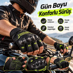 Unisex Yarım Parmak Motosiklet Eldiveni | 3D Knuckle Panelli Kaydırmaz Avuç İçi Ayarlı Bilek Bantlı