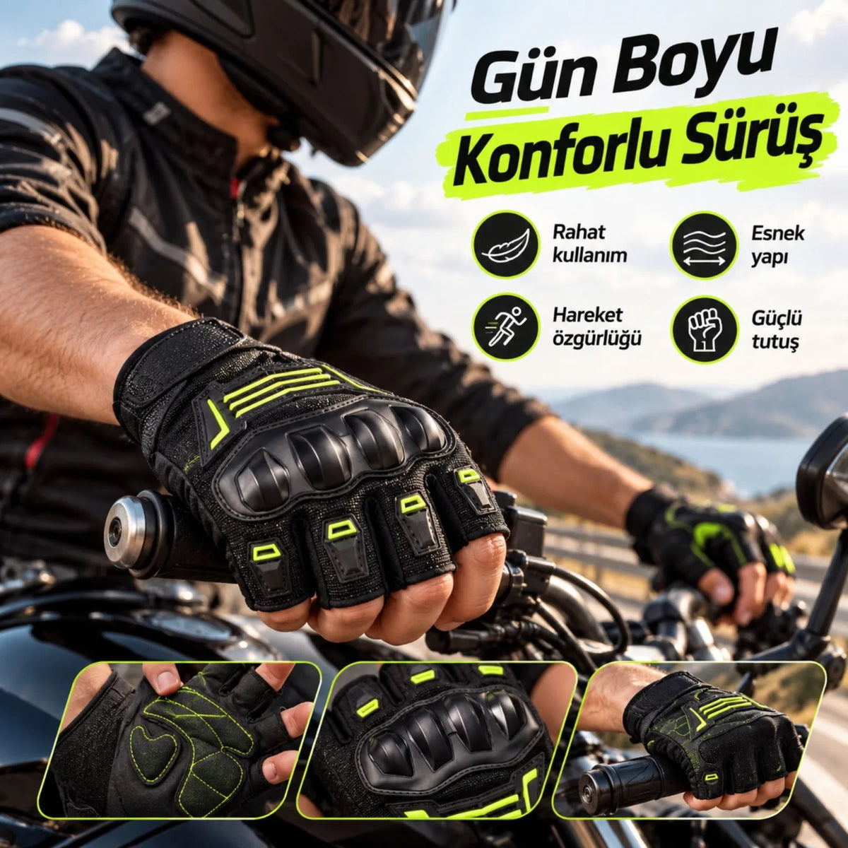 Unisex Yarım Parmak Motosiklet Eldiveni | 3D Knuckle Panelli Kaydırmaz Avuç İçi Ayarlı Bilek Bantlı