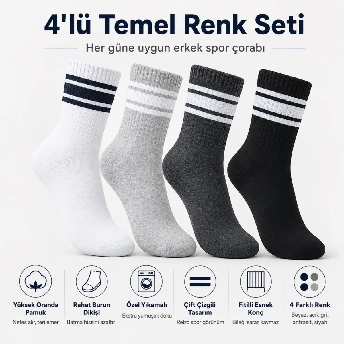 4’lü Çizgili Erkek Spor Çorabı Seti Pamuklu Fitilli Rahat Burunlu Beyaz Gri Siyah