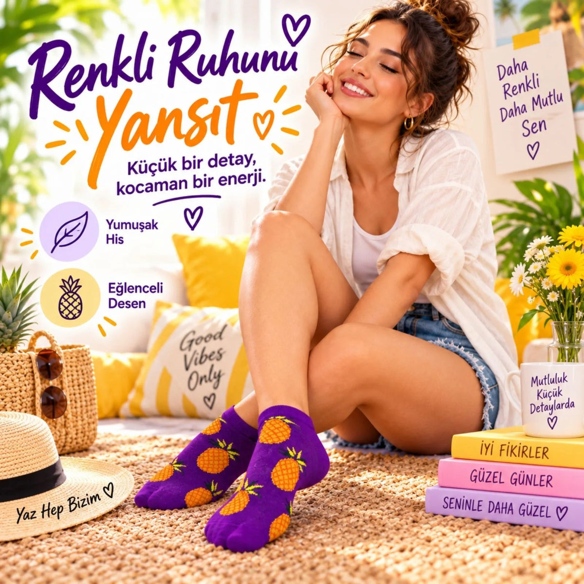 Kadın Mor Ananas Desenli Patik Çorap 12'li Paket | Renkli, Rahat Günlük Kısa Çorap Seti